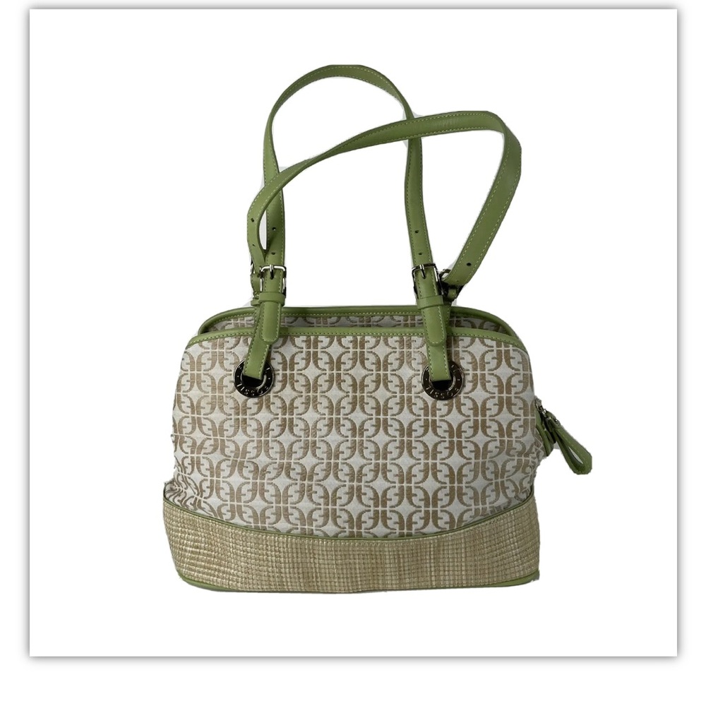 Fossil Jacquard Canvas Leather Rafia Shoulderbag Purse Green Tan Key